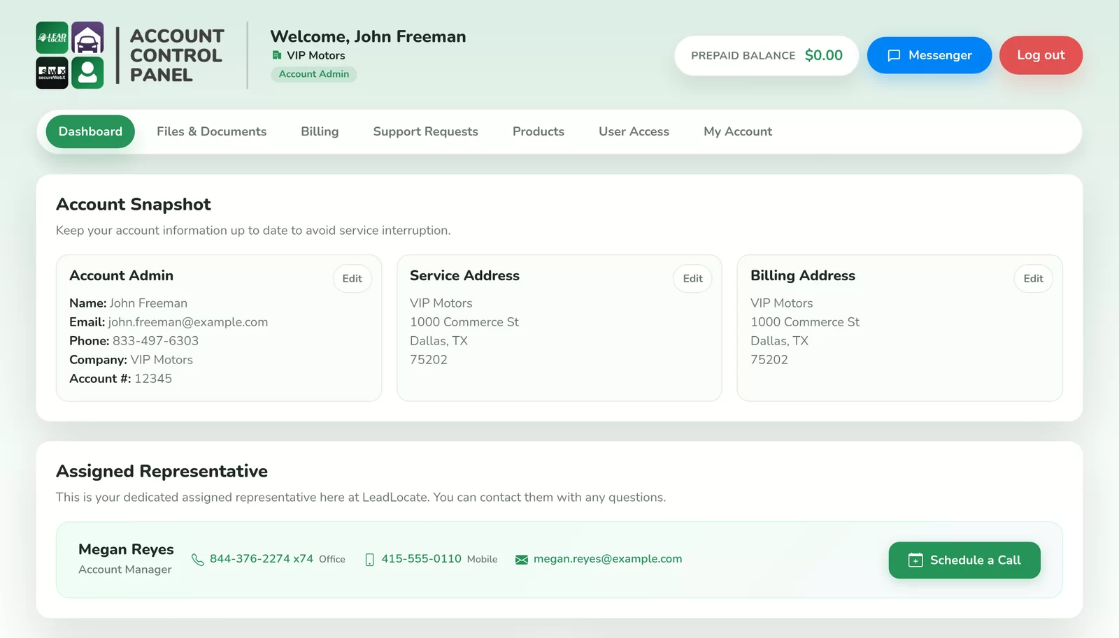 My LeadLocate account portal dashboard with account snapshot and representative