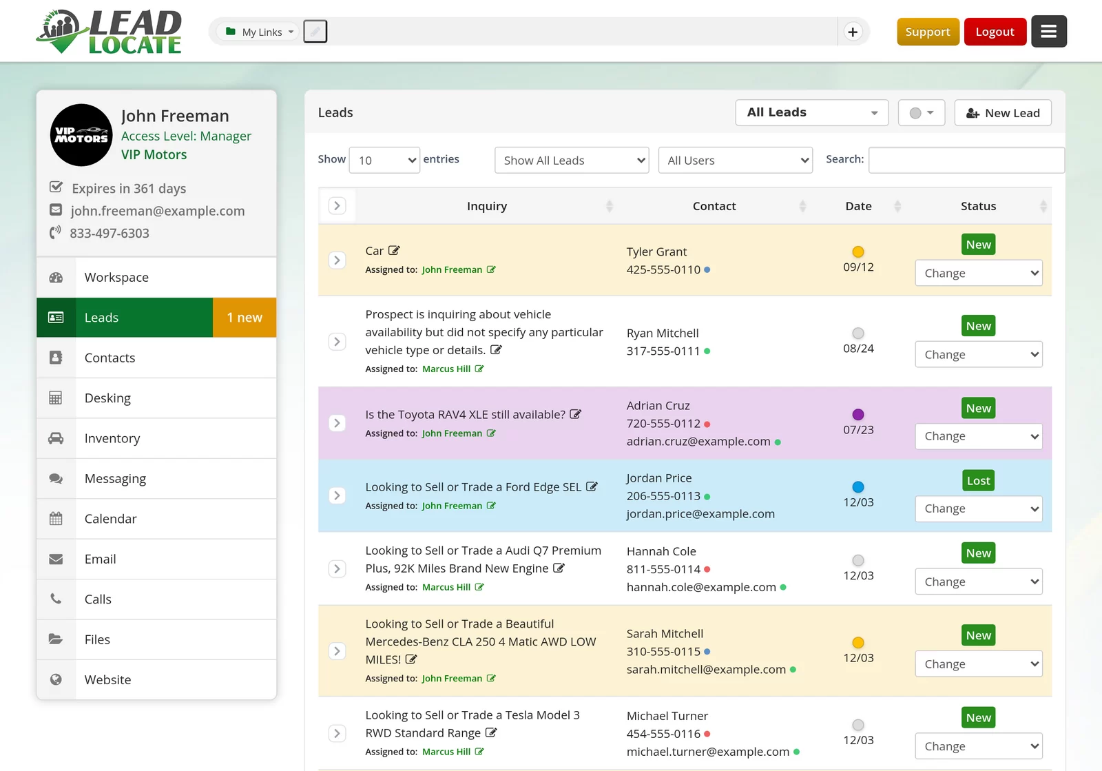 LeadLocate CRM leads list with customers, inquiries, lead dates and statuses
