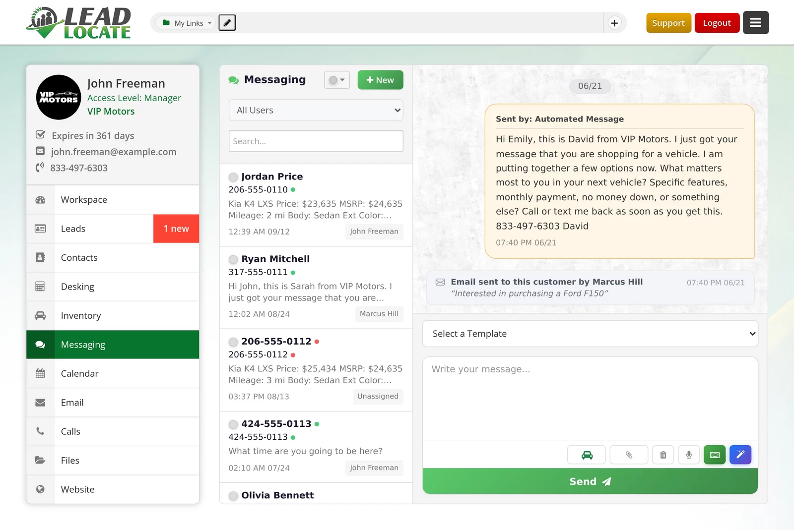 LeadLocate CRM messaging inbox with a customer text conversation